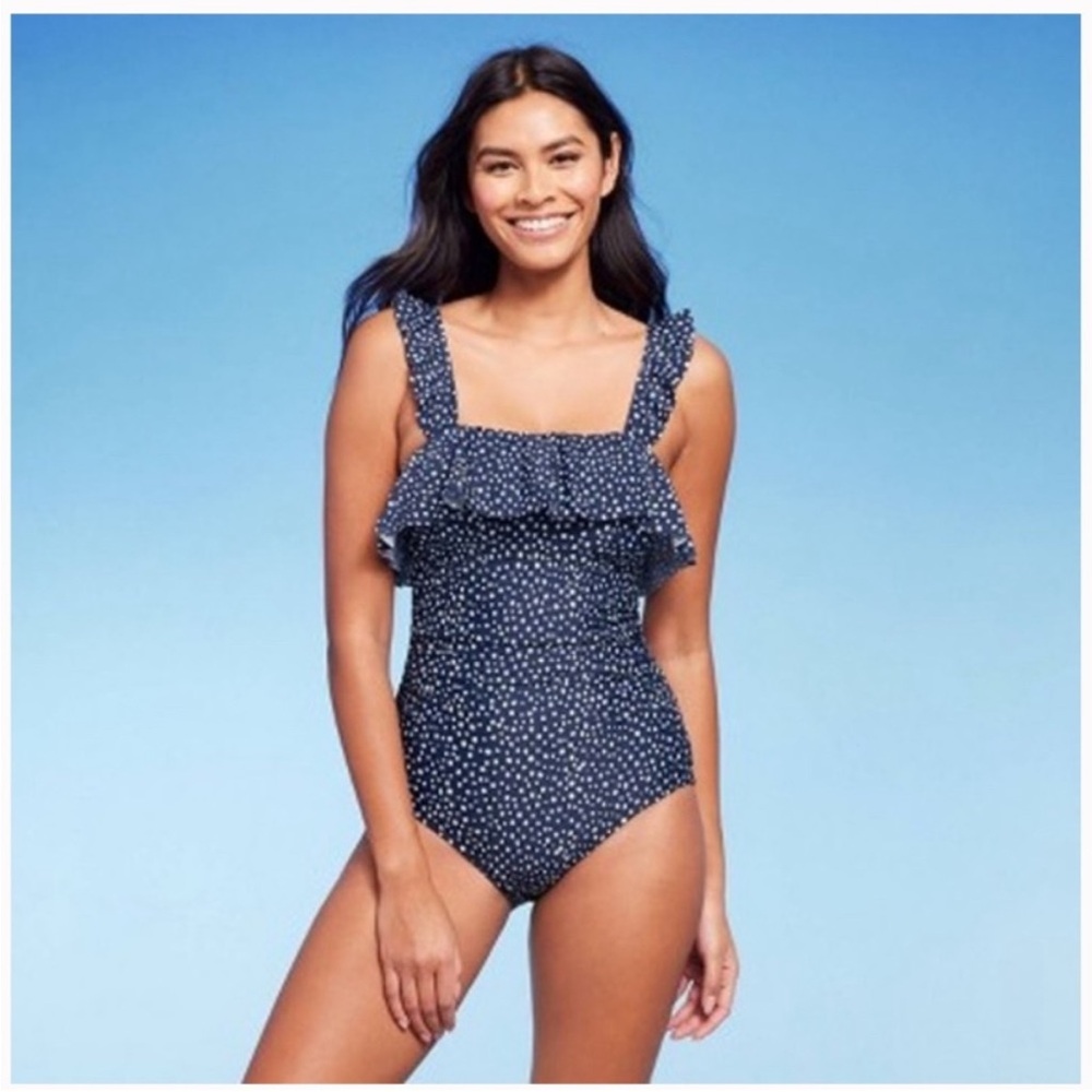 Kona Sol Women's Ruffle Full Coverage Blue Polka Dot OnePiece Swimsuit 16